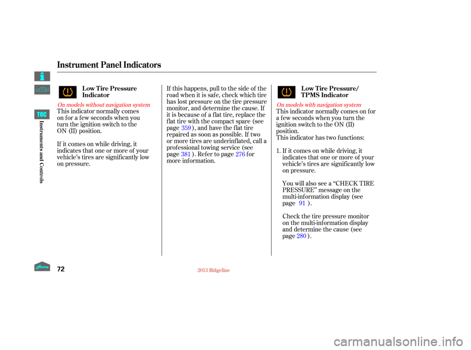 HONDA RIDGELINE 2013 1.G Owners Manual If it comes on while driving, it
indicates that one or more of your
vehicle’s tires are signif icantly low
on pressure. This indicator normally comes  
on for a few seconds when you  
turn the ignit
