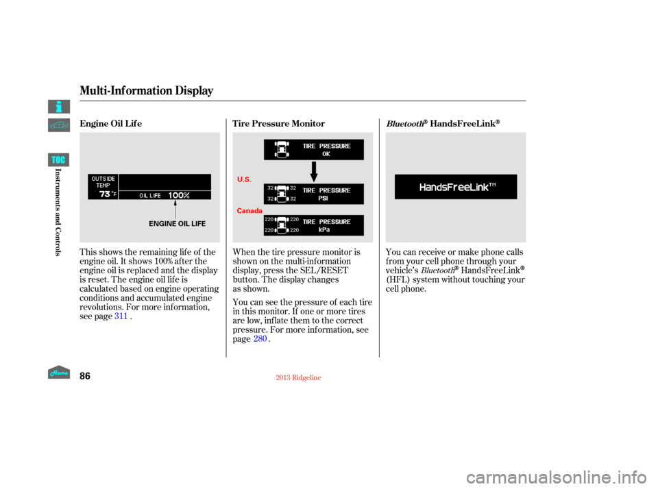 HONDA RIDGELINE 2013 1.G Owners Manual This shows the remaining lif e of the
engine oil. It shows 100% af ter the
engine oil is replaced and the display
is reset. The engine oil lif e is
calculated based on engine operating
conditions and 