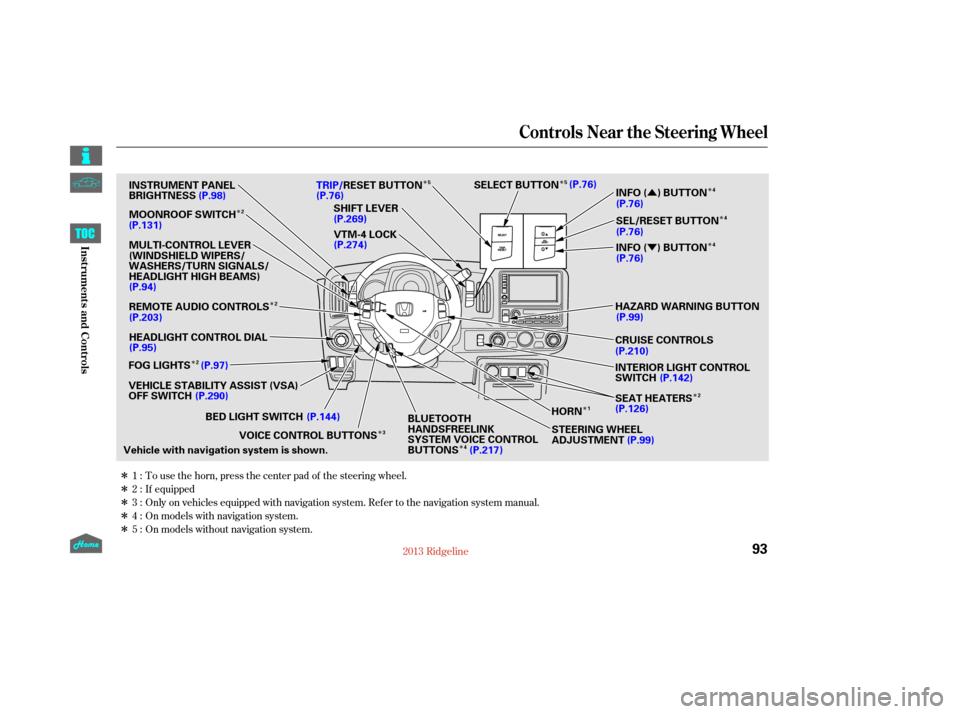 HONDA RIDGELINE 2013 1.G Owners Manual ÎÎ Î
Î
Î
Î
Î Î
Î
Î Î
Î
Û
Ý
Î
Î
Î
Î
Î Only on vehicles equipped with navigation system. Ref er to the navigation system manual. To use the horn, press the center p