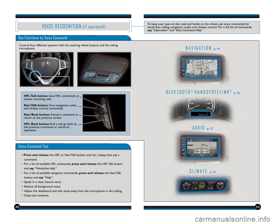 HONDA RIDGELINE 2013 1.G Technology Reference Guide V O I C E   R E C O G N I T I O N( i f   e q u i p p e d )To keep your eyes on the road and hands on the wheel, use voice commands for
hands�free calling, navigation, audio, and climate control. For a