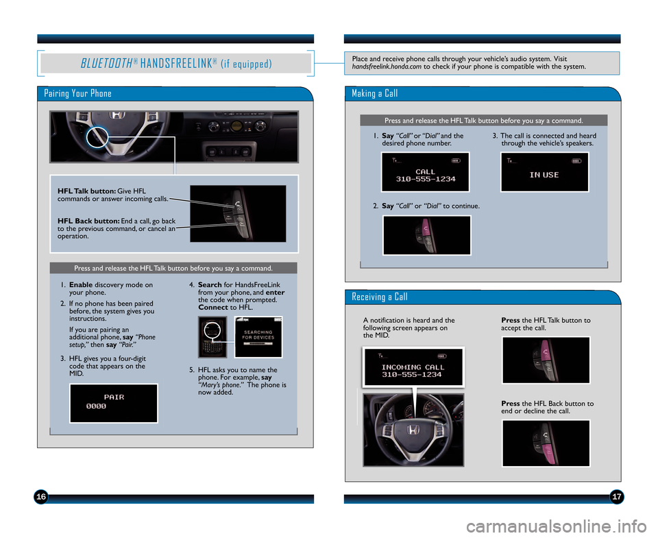 HONDA RIDGELINE 2013 1.G Technology Reference Guide 161\b
B L U E T O O T H®  H A N D S F R E E L I N K®( i f   e q u i p p e d )Place and receive phone calls through your vehicle’s audio system.  Visit
handsfreelink.honda.com to check if your phon