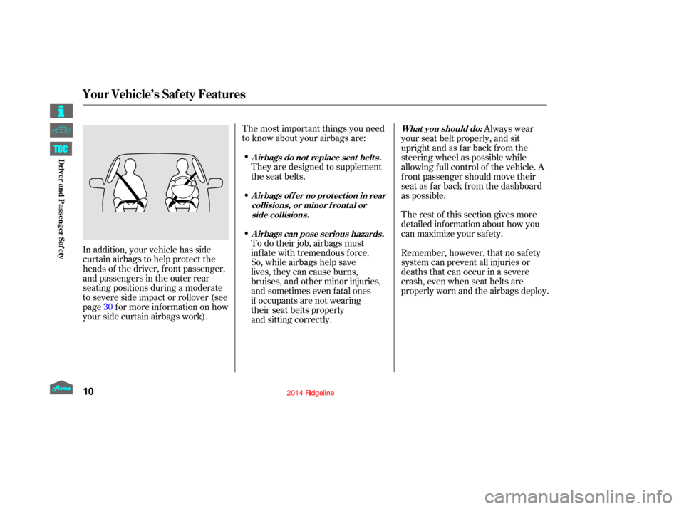 HONDA RIDGELINE 2014 1.G User Guide The rest of this section gives more
detailed inf ormation about how you
can maximize your saf ety.
The most important things you need
to know about your airbags are:
They are designed to supplement
th