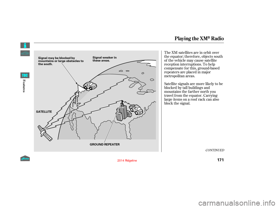 HONDA RIDGELINE 2014 1.G Owners Manual The XM satellites are in orbit over
the equator; therefore, objects south
of the vehicle may cause satellite
reception interruptions. To help
compensate f or this, ground-based
repeaters are placed in