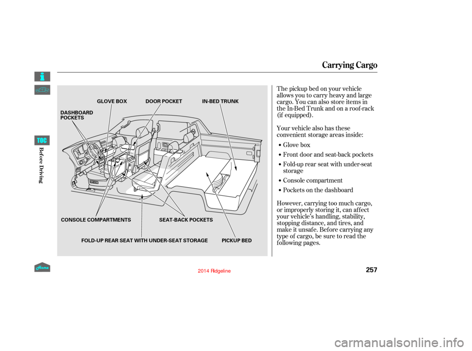 HONDA RIDGELINE 2014 1.G Owners Manual The pickup bed on your vehicle
allows you to carry heavy and large
cargo. You can also store items in
theIn-BedTrunkandonaroof-rack
(if equipped).
Your vehicle also has these
convenient storage areas 
