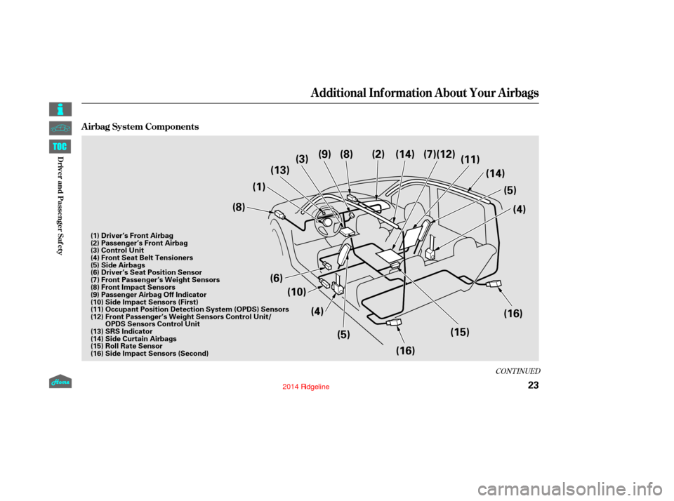 HONDA RIDGELINE 2014 1.G Owners Manual CONT INUED
A irbag System Components
Additional Inf ormation About Your Airbags
23
(1)(3)
(5)
(4) (5)
(6)
(10)
(13)
(9) (8) (2)
(16)(4)
(15)
(16)
(8)
(14) (7)(12)
(14)
(11)
(1) Driver’s Front Airbag