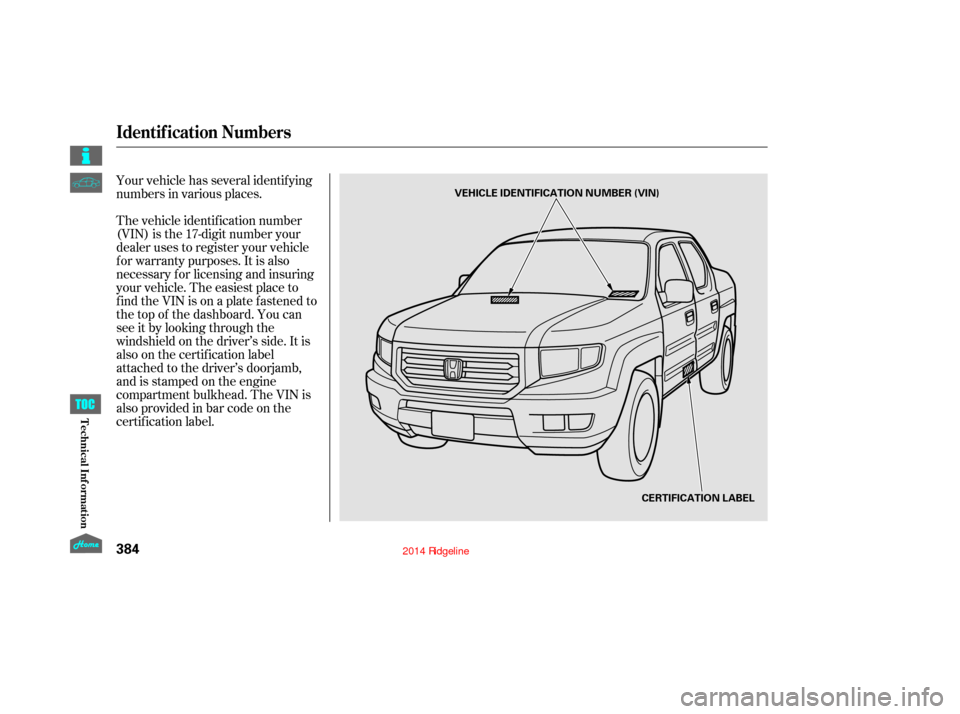 HONDA RIDGELINE 2014 1.G Owners Manual Your vehicle has several identif ying
numbers in various places.
The vehicle identif ication number
(VIN) is the 17-digit number your
dealer uses to register your vehicle
f or warranty purposes. It is