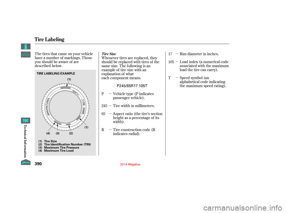 HONDA RIDGELINE 2014 1.G Owners Manual µ
µ
µ
µ
µ
µ
µ
The tires that came on your vehicle
have a number of markings. Those
you should be aware of are
described below.
Rim diameter in inches.
Load index (a numerical code
associ
