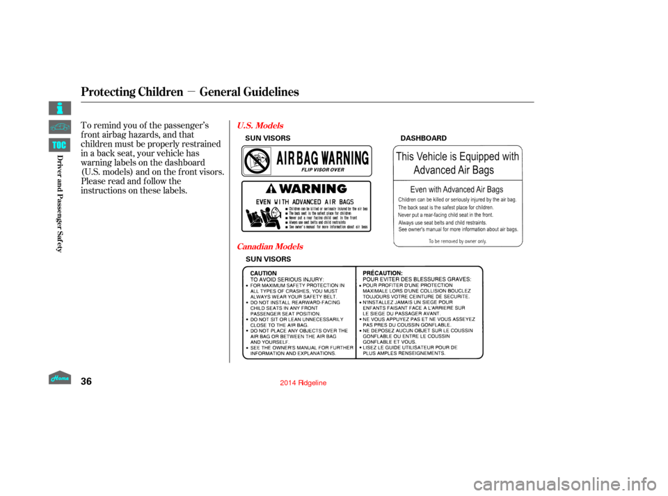 HONDA RIDGELINE 2014 1.G Service Manual µ
To remind you of the passenger’s
f ront airbag hazards, and that
children must be properly restrained
in a back seat, your vehicle has
warninglabelsonthedashboard
(U.S. models) and on the f ront