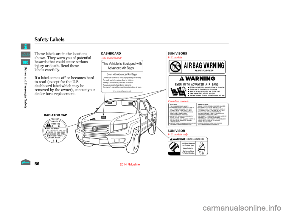 HONDA RIDGELINE 2014 1.G Repair Manual These labels are in the locations
shown. They warn you of potential
hazards that could cause serious
injury or death. Read these   
labels carefully.
If a label comes of f or becomes hard
to read (exc