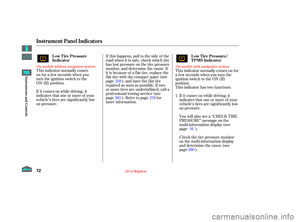 HONDA RIDGELINE 2014 1.G Owners Manual If it comes on while driving, it
indicates that one or more of your
vehicle’s tires are signif icantly low
on pressure. This indicator normally comes  
on for a few seconds when you  
turn the ignit