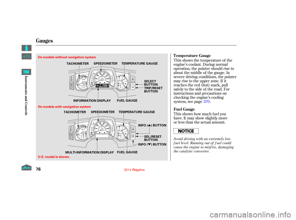 HONDA RIDGELINE 2014 1.G Owners Manual Û
Ý
This shows the temperature of the
engine’s coolant. During normal
operation, the pointer should rise to
about the middle of the gauge. In
severe driving conditions, the pointer
may rise to t