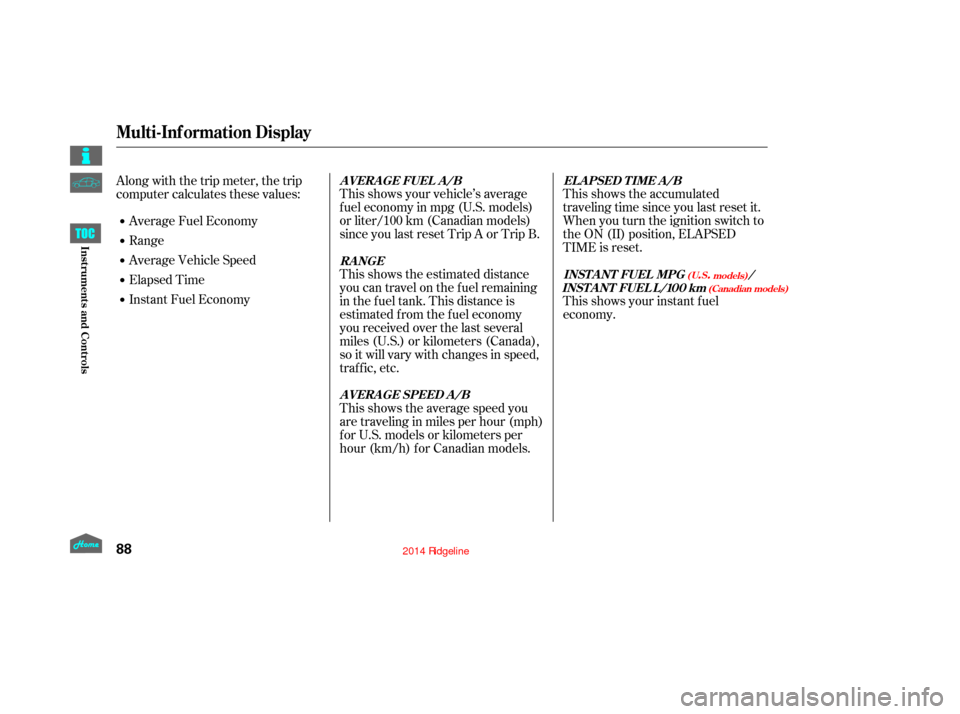 HONDA RIDGELINE 2014 1.G Owners Manual This shows the accumulated
traveling time since you last reset it.
When you turn the ignition switch to
the ON (II) position, ELAPSED
TIME is reset.
This shows your vehicle’s average
f uel economy i