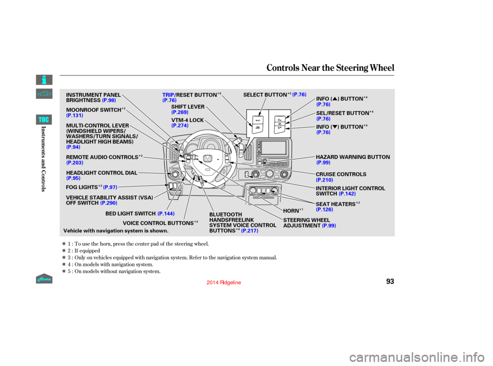 HONDA RIDGELINE 2014 1.G Owners Manual ÎÎ Î
Î
Î
Î
Î Î
Î
Î Î
Î
Û
Ý
Î
Î
Î
Î
Î Only on vehicles equipped with navigation system. Ref er to the navigation system manual. To use the horn, press the center p
