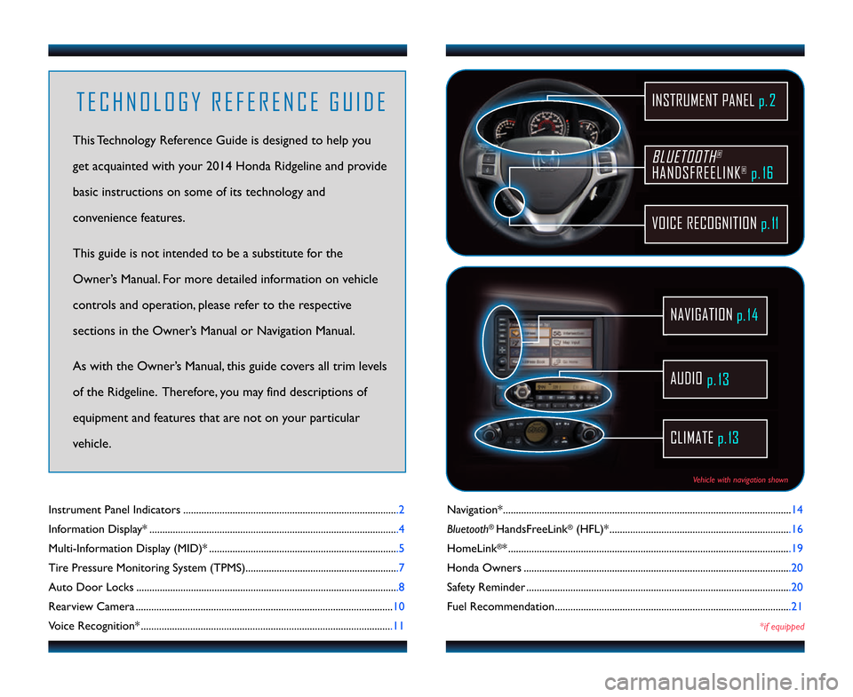 HONDA RIDGELINE 2014 1.G Technology Reference Guide Navigation*...............................................................................................................\f4
Bluetooth
®HandsFreeLink®(HFL)* ........................................