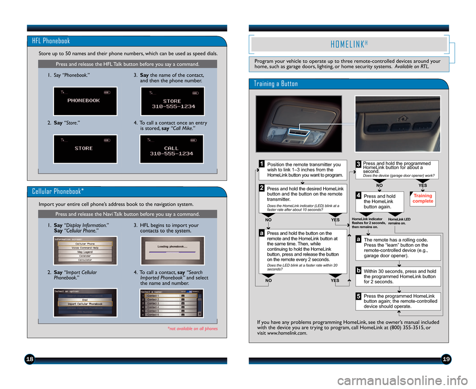 HONDA RIDGELINE 2014 1.G Technology Reference Guide 1819
Press and release the HFL Talk button before you say a command.
HFL Phonebook
\f. Say“Phonebook.”
Store up to 50 names and their phone numbers, which can be used as speed dials.
2. Say “ HONDA RIDGELINE 2014 1.G Technology Reference Guide 1819
Press and release the HFL Talk button before you say a command.
HFL Phonebook
\f. Say“Phonebook.”
Store up to 50 names and their phone numbers, which can be used as speed dials.
2. Say “