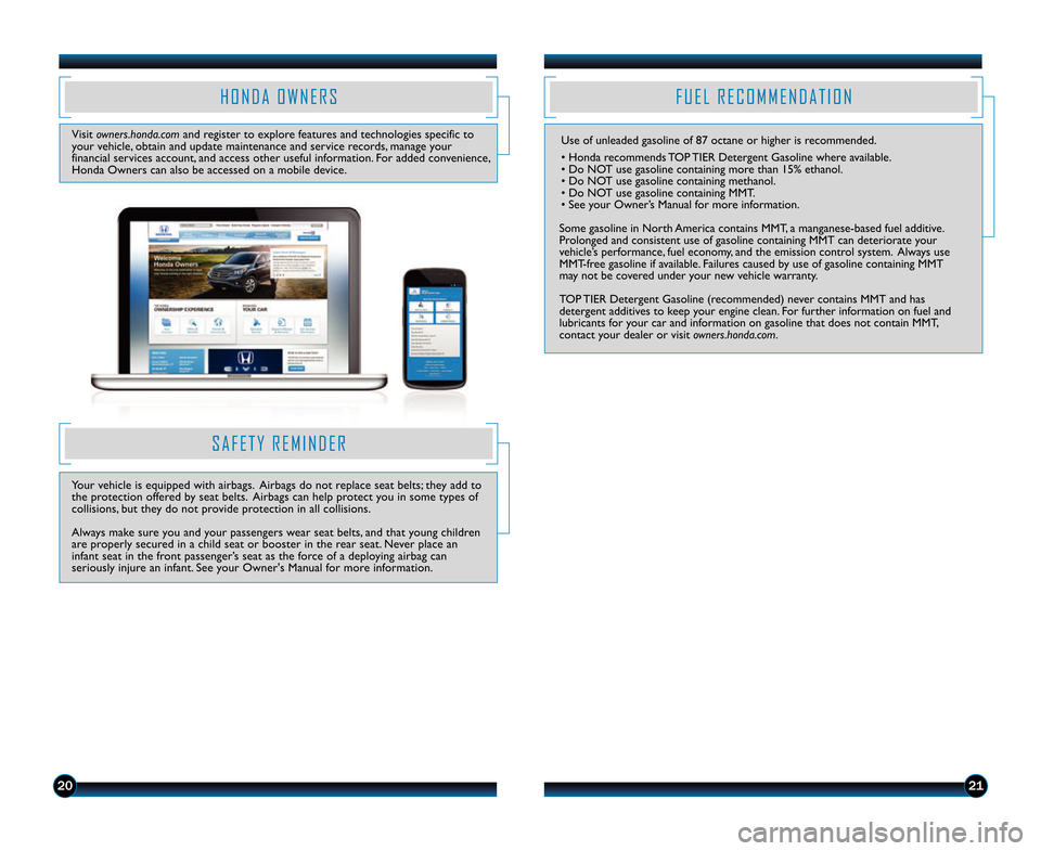 HONDA RIDGELINE 2014 1.G Technology Reference Guide 2021
H O N D A   O W N E R S
Visit owners.honda.com and register to explore features and technologies specific to
your vehicle, obtain and update maintenance and service records, manage your
financial