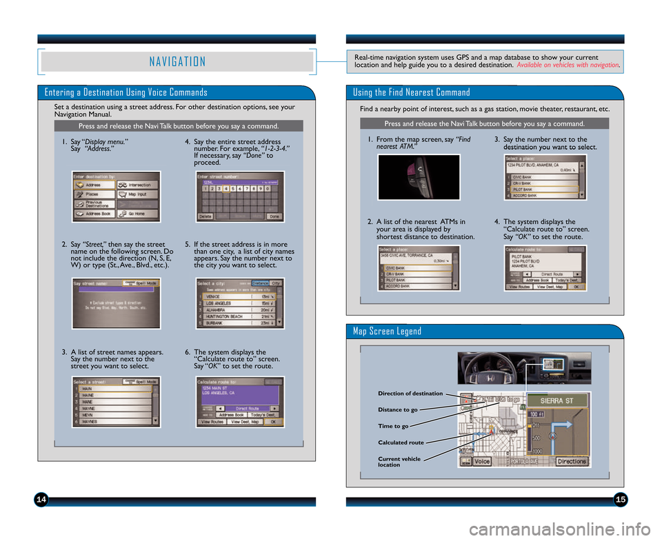 HONDA RIDGELINE 2014 1.G Technology Reference Guide 1415
Entering a Destination Using Voice CommandsUsing the Find Nearest Command
Find a nearby point of interest, such as a gas station, movie theater, restaurant, etc. 
Set a destination using a street