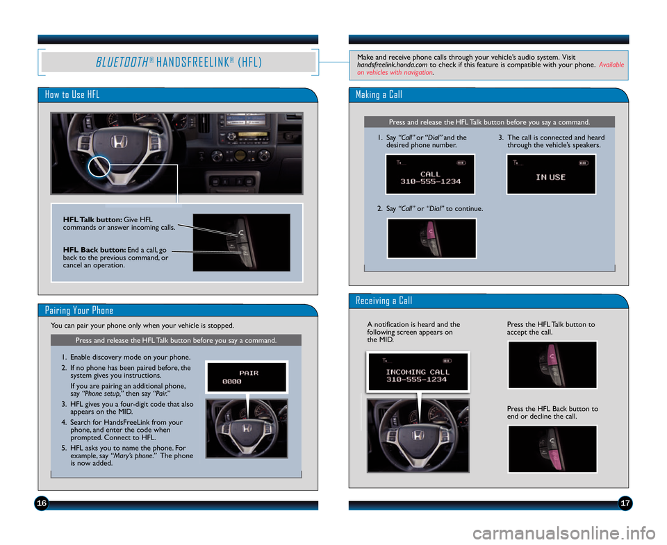 HONDA RIDGELINE 2014 1.G Technology Reference Guide 161\b
B L U E T O O T H®  H A N D S F R E E L I N K®( H F L )Make and receive phone calls through your vehicle’s audio system.  Visit
handsfreelink.honda.comto check if this feature is compatible 