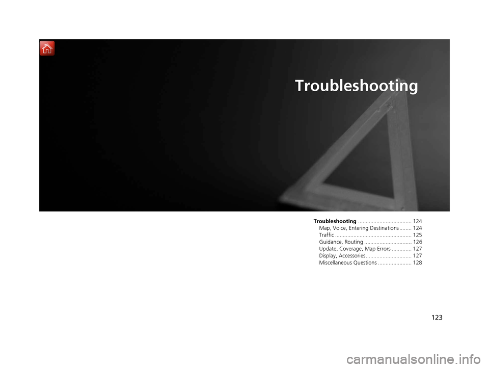 HONDA RIDGELINE 2017 2.G Navigation Manual 123
Troubleshooting
Troubleshooting................................... 124
Map, Voice, Entering Destinations ........ 124
Traffic .................................................. 125
Guidance, Routi HONDA RIDGELINE 2017 2.G Navigation Manual 123
Troubleshooting
Troubleshooting................................... 124
Map, Voice, Entering Destinations ........ 124
Traffic .................................................. 125
Guidance, Routi
