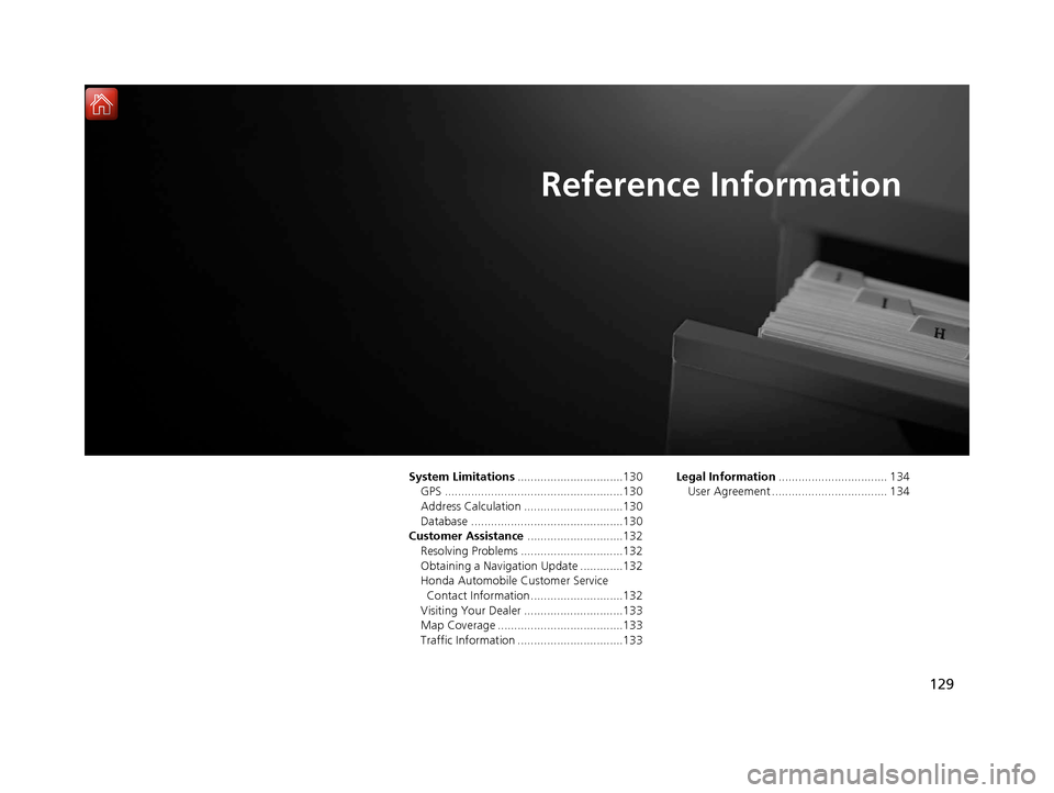 HONDA RIDGELINE 2017 2.G Navigation Manual 129
Reference Information
System Limitations................................130
GPS ......................................................130
Address Calculation ..............................130
Data