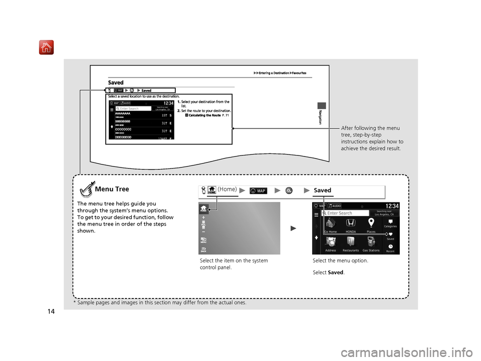 HONDA RIDGELINE 2017 2.G Navigation Manual 14
Select the item on the system
control panel.
Menu Tree
The menu tree helps guide you
through the system’s menu options.
To get to your desired function, follow
the menu tree in order of the st HONDA RIDGELINE 2017 2.G Navigation Manual 14
Select the item on the system
control panel.
Menu Tree
The menu tree helps guide you
through the system’s menu options.
To get to your desired function, follow
the menu tree in order of the st