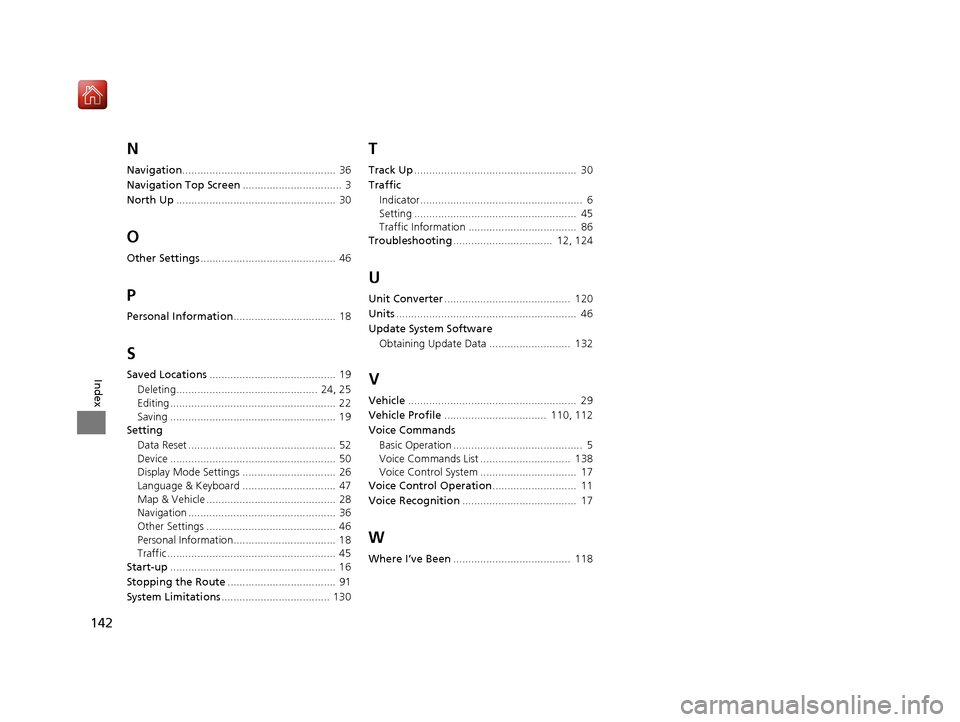 HONDA RIDGELINE 2017 2.G Navigation Manual 142
Index
N
Navigation...................................................  36
Navigation Top Screen .................................  3
North Up ..................................................... 