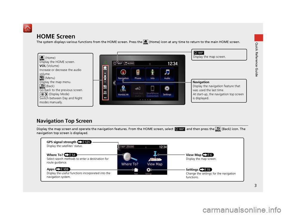 HONDA RIDGELINE 2017 2.G Navigation Manual 3
Quick Reference GuideHOME Screen   
The system displays various functions from the HOME screen. Press the   (Home) icon at  any time to return to the main HOME scree n.
Navigation Top Screen
Display