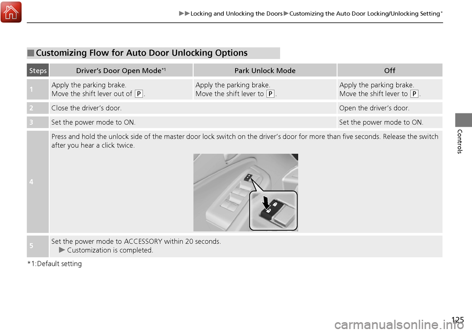 HONDA RIDGELINE 2017 2.G Owners Manual 125
uuLocking and Unlocking the Doors uCustomizing the Auto Door Locking/Unlocking Setting*
Controls
*1:Default setting
■Customizing Flow for Auto Door Unlocking Options
StepsDriver’s Door Open M HONDA RIDGELINE 2017 2.G Owners Manual 125
uuLocking and Unlocking the Doors uCustomizing the Auto Door Locking/Unlocking Setting*
Controls
*1:Default setting
■Customizing Flow for Auto Door Unlocking Options
StepsDriver’s Door Open M