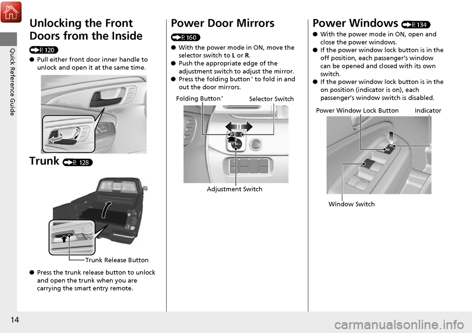 HONDA RIDGELINE 2017 2.G Owners Manual 14
Quick Reference Guide
Unlocking the Front
Doors from the Inside
(P120)
●Pull either front door inner handle to
unlock and open it at the same time.
Trunk (P 128)
● Press the trunk release bu HONDA RIDGELINE 2017 2.G Owners Manual 14
Quick Reference Guide
Unlocking the Front
Doors from the Inside
(P120)
●Pull either front door inner handle to
unlock and open it at the same time.
Trunk (P 128)
● Press the trunk release bu