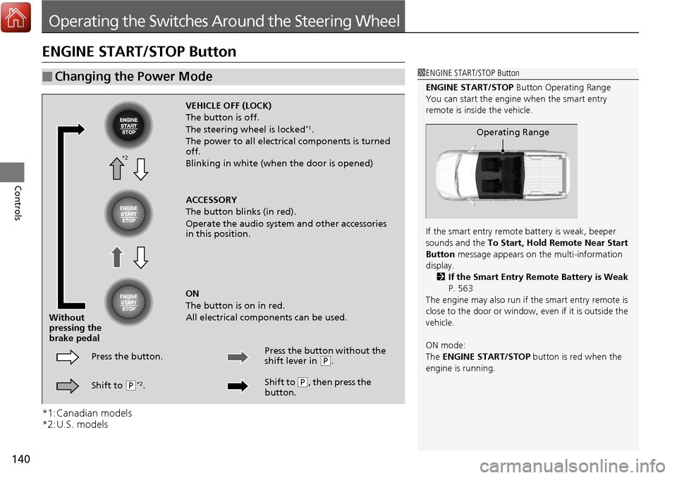 HONDA RIDGELINE 2017 2.G Owners Manual 140
Controls
Operating the Switches Around the Steering Wheel
ENGINE START/STOP Button
*1:Canadian models
*2:U.S. models
■Changing the Power Mode1ENGINE START/STOP Button
ENGINE START/STOP  Button O