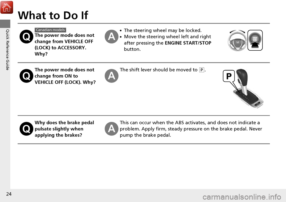 HONDA RIDGELINE 2017 2.G Owners Manual 24
Quick Reference Guide
What to Do If
The power mode does not 
change from VEHICLE OFF 
(LOCK) to ACCESSORY. 
Why?
●The steering wheel may be locked.
●Move the steering wheel left and right 
afte