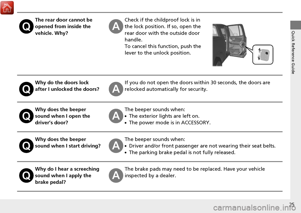 HONDA RIDGELINE 2017 2.G Owners Manual 25
Quick Reference Guide
The rear door cannot be 
opened from inside the 
vehicle. Why?Check if the childproof lock is in 
the lock position. If so, open the 
rear door with the outside door 
handle.
