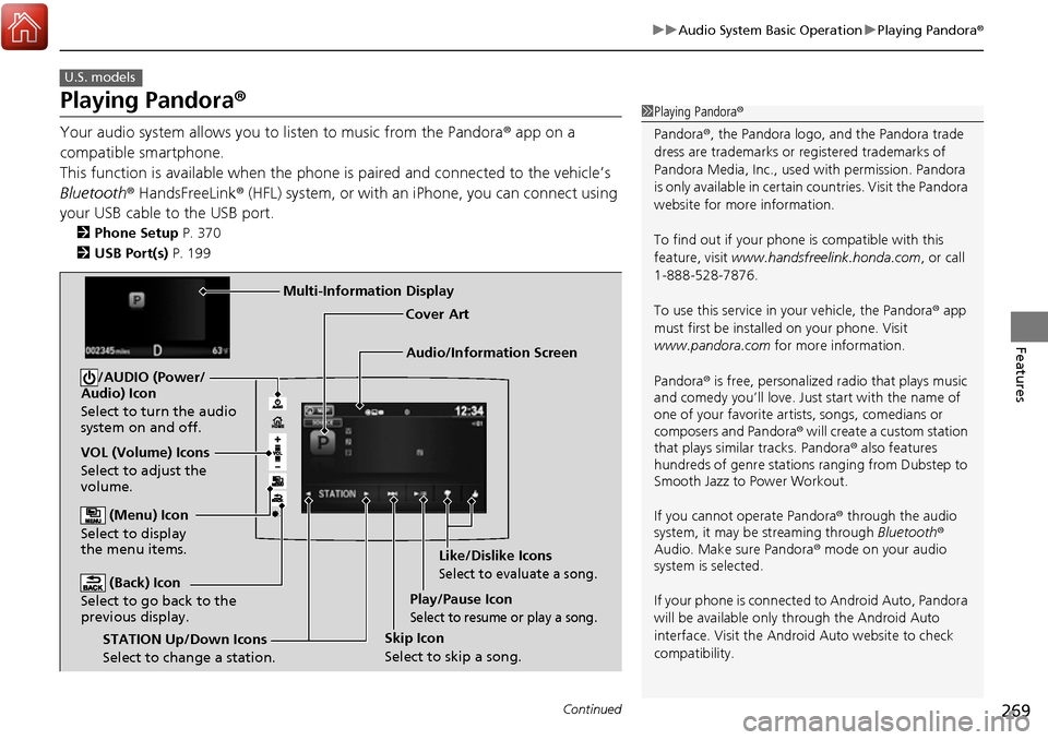HONDA RIDGELINE 2017 2.G Owners Manual 269
uuAudio System Basic Operation uPlaying Pandora ®
Continued
Features
Playing Pandora ®
Your audio system allows you to listen to music from the Pandora ® app on a
compatible smartphone.
This HONDA RIDGELINE 2017 2.G Owners Manual 269
uuAudio System Basic Operation uPlaying Pandora ®
Continued
Features
Playing Pandora ®
Your audio system allows you to listen to music from the Pandora ® app on a
compatible smartphone.
This