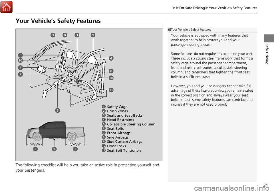 HONDA RIDGELINE 2017 2.G Owners Guide 31
uuFor Safe Driving uYour Vehicle’s Safety Features
Safe Driving
Your Vehicle’s Safety Features
The following checklist will he lp you take an active role in protecting yourself and
your passen HONDA RIDGELINE 2017 2.G Owners Guide 31
uuFor Safe Driving uYour Vehicle’s Safety Features
Safe Driving
Your Vehicle’s Safety Features
The following checklist will he lp you take an active role in protecting yourself and
your passen