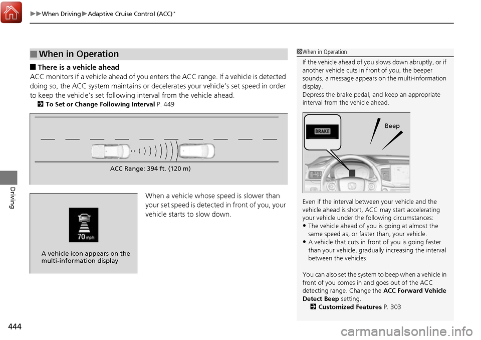 HONDA RIDGELINE 2017 2.G Owners Manual uuWhen Driving uAdaptive Cruise Control (ACC)*
444
Driving
■There is a vehicle ahead
ACC monitors if a vehicle ahead of you enters the ACC range. If a vehicle is detected
doing so, the ACC system HONDA RIDGELINE 2017 2.G Owners Manual uuWhen Driving uAdaptive Cruise Control (ACC)*
444
Driving
■There is a vehicle ahead
ACC monitors if a vehicle ahead of you enters the ACC range. If a vehicle is detected
doing so, the ACC system