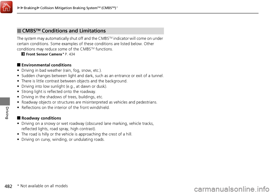 HONDA RIDGELINE 2017 2.G Service Manual 482
uuBraking uCollision Mitigation Braking SystemTM (CMBSTM)*
Driving
The system may automatically shut off and the CMBSTM indicator will come on under
certain conditions. Some examples of th ese co HONDA RIDGELINE 2017 2.G Service Manual 482
uuBraking uCollision Mitigation Braking SystemTM (CMBSTM)*
Driving
The system may automatically shut off and the CMBSTM indicator will come on under
certain conditions. Some examples of th ese co