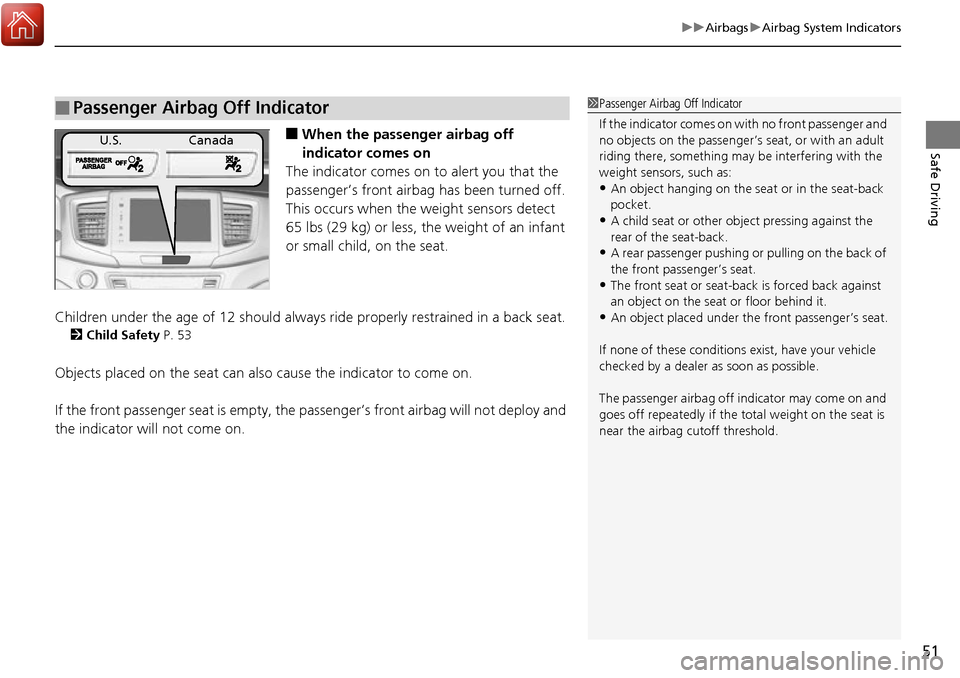 HONDA RIDGELINE 2017 2.G Owners Manual 51
uuAirbags uAirbag System Indicators
Safe Driving■When the passenger airbag off 
indicator comes on
The indicator comes on to alert you that the 
passenger’s front airbag  has been turned off.
T