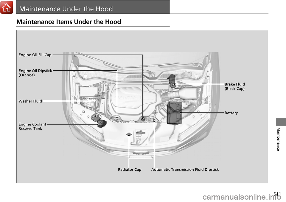 HONDA RIDGELINE 2017 2.G Owners Manual 511
Maintenance
Maintenance Under the Hood
Maintenance Items Under the Hood
Brake Fluid
(Black Cap)
Washer Fluid
Radiator Cap
Engine Coolant
Reserve Tank Engine Oil Dipstick
(Orange) Engine Oil Fil HONDA RIDGELINE 2017 2.G Owners Manual 511
Maintenance
Maintenance Under the Hood
Maintenance Items Under the Hood
Brake Fluid
(Black Cap)
Washer Fluid
Radiator Cap
Engine Coolant
Reserve Tank Engine Oil Dipstick
(Orange) Engine Oil Fil