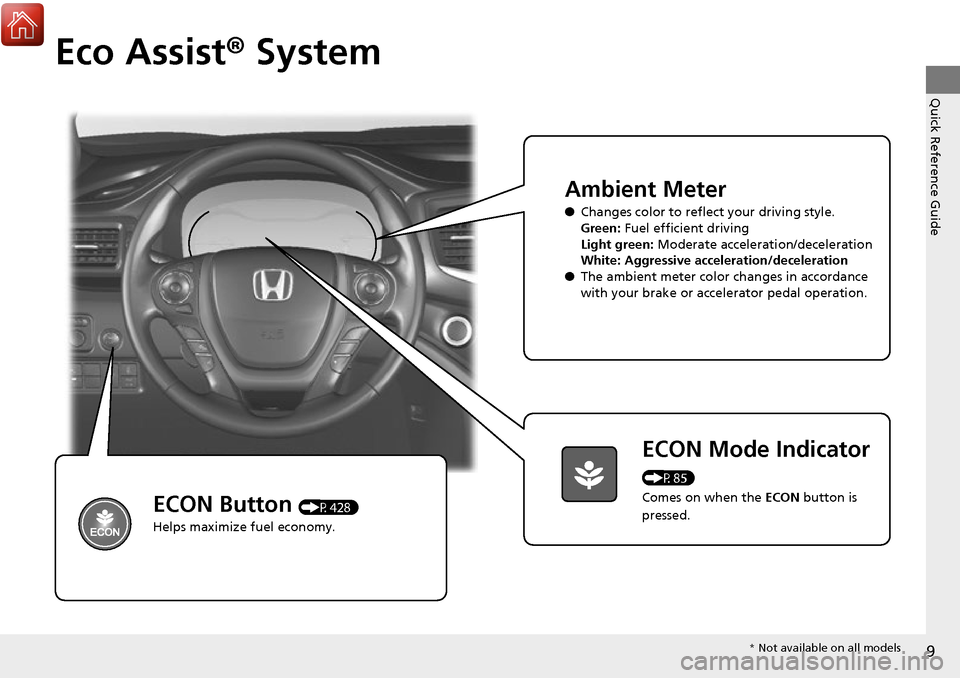 HONDA RIDGELINE 2017 2.G Owners Manual 9
Quick Reference Guide
Eco Assist® System
Ambient Meter
●Changes color to reflect your driving style.
Green:  Fuel efficient driving
Light green:  Moderate acceleration/deceleration
White: Aggress