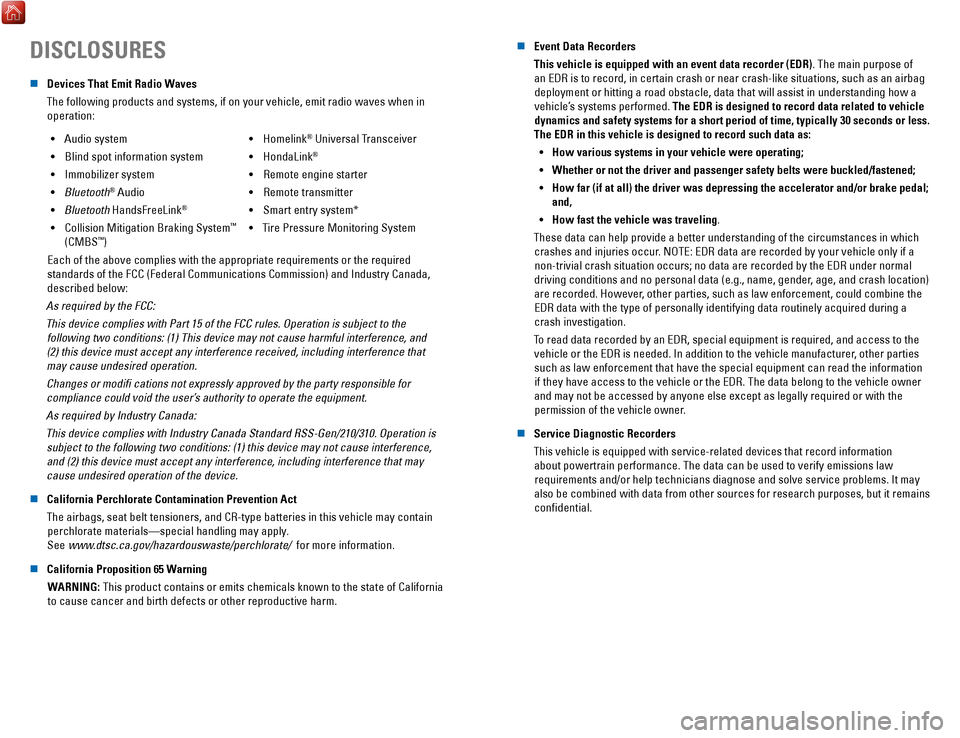 HONDA RIDGELINE 2017 2.G Quick Guide DISCLOSURES
n Devices That Emit Radio Waves
The following products and systems, if on your vehicle, emit radio waves\
 when in  operation:
•
 Audio system
•
 Blind spot information system
•
 Imm