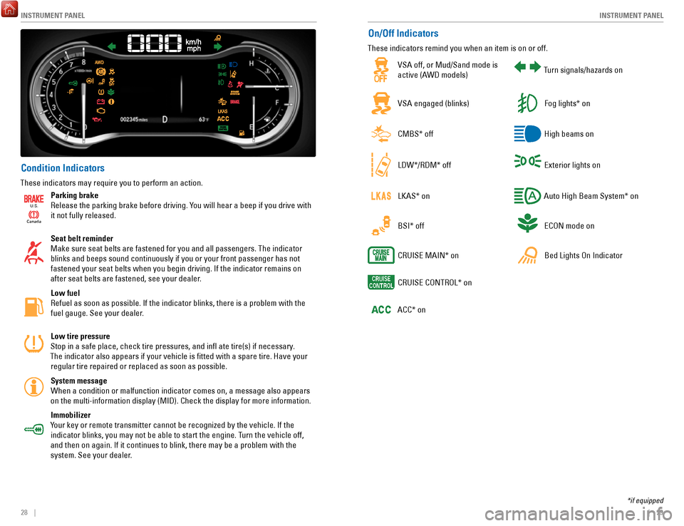 HONDA RIDGELINE 2017 2.G Quick Guide INSTRUMENT PANEL
28 || 29
I
NSTRUMENT PANEL
Condition Indicators
These indicators may require you to perform an action.
Ca
nada
U.S.
Parking brake
Release the parking brake before driving. You HONDA RIDGELINE 2017 2.G Quick Guide INSTRUMENT PANEL
28 || 29
I
NSTRUMENT PANEL
Condition Indicators
These indicators may require you to perform an action.
Ca
nada
U.S.
Parking brake
Release the parking brake before driving. You