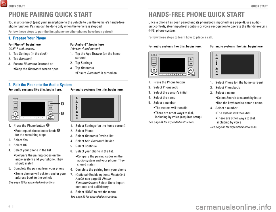 HONDA RIDGELINE 2017 2.G Quick Guide QUICK START
4    ||    5
Q
UICK START
PHONE PAIRING QUICK START
You must connect (pair) your smartphone to the vehicle to use the vehic\
le’s hands-free 
phone function. Pairing can be done only whe