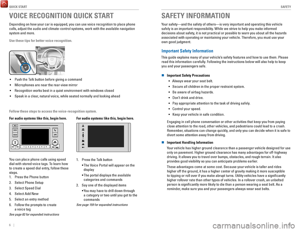 HONDA RIDGELINE 2017 2.G Quick Guide QUICK START
6    ||    7
S
AFETY
VOICE RECOGNITION QUICK START
Depending on how your car is equipped, you can use voice recognition to \
place phone 
calls, adjust the audio and climate-control system