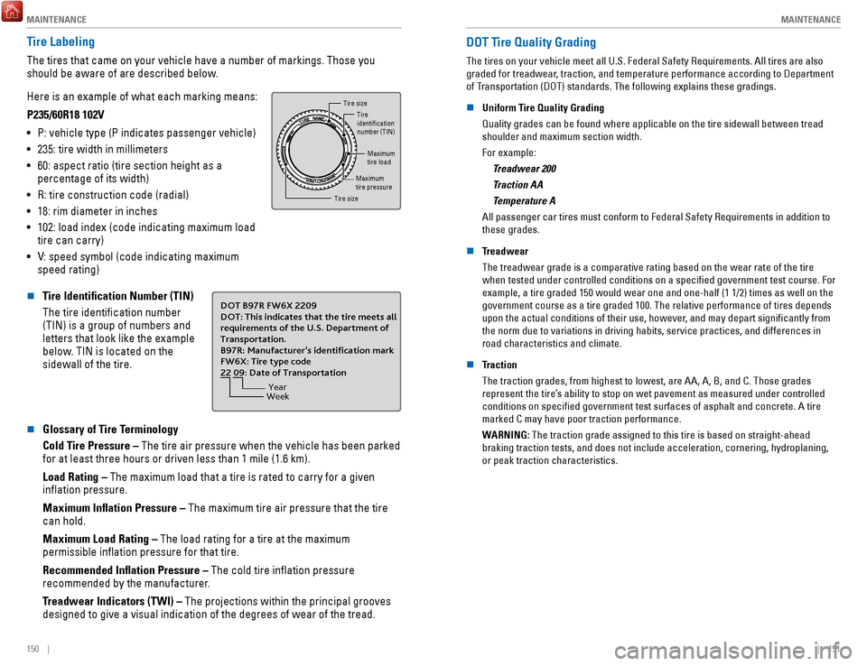 HONDA RIDGELINE 2017 2.G Quick Guide MAINTENANCE
150    ||    151
M
AINTENANCE
Tire Labeling
The tires that came on your vehicle have a number of markings. Those you\
 
should be aware of are described below.
Here is an example of what e