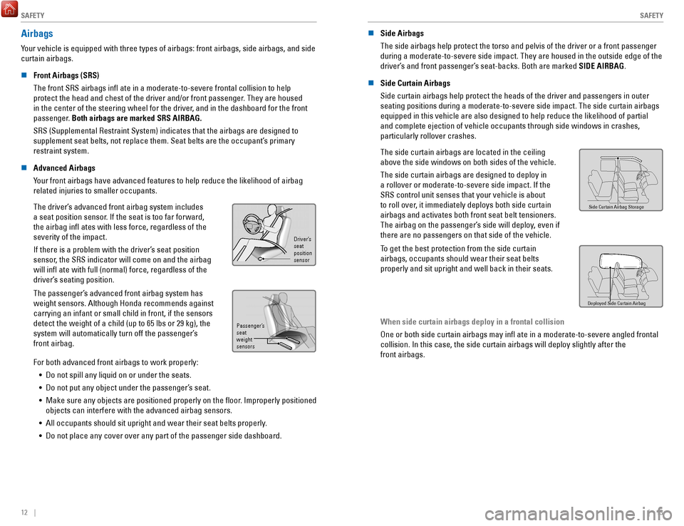 HONDA RIDGELINE 2017 2.G Quick Guide SAFETY
12    ||    13
S
AFETY
Airbags
Your vehicle is equipped with three types of airbags: front airbags, side\
 airbags, and side 
curtain airbags.
n
 Front Airbags (SRS)
The front SRS airbags infl 