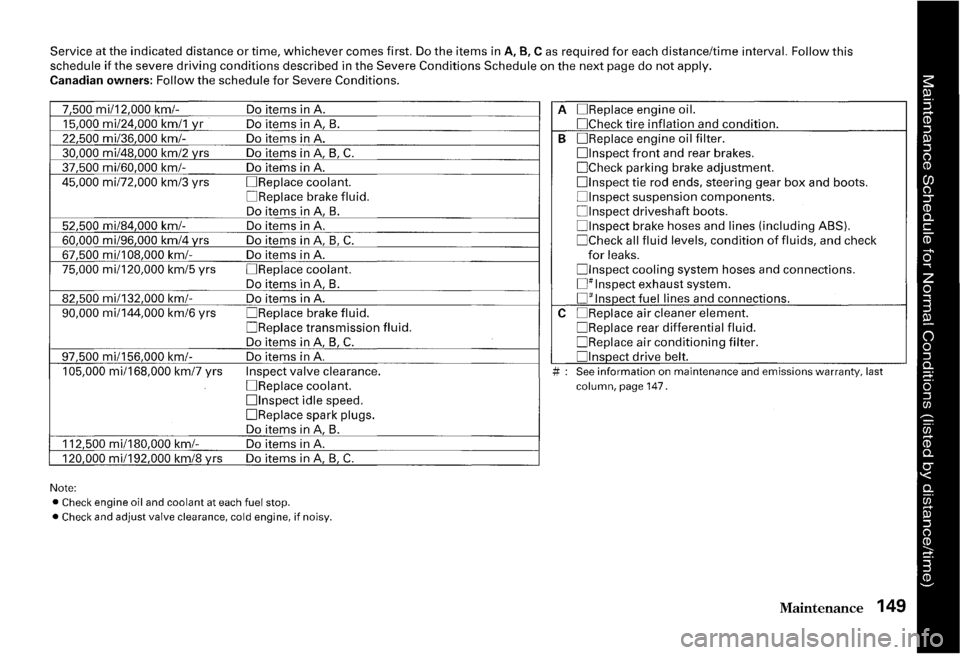 HONDA S2000 2000 1.G Owners Manual Service at the indicated distance or time, whichever comes first. Do the items in A, B, Cas required for each distance/time interval. Follow this schedule if the severe driving conditions described HONDA S2000 2000 1.G Owners Manual Service at the indicated distance or time, whichever comes first. Do the items in A, B, Cas required for each distance/time interval. Follow this schedule if the severe driving conditions described