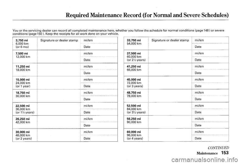 HONDA S2000 2000 1.G Owners Manual Required Maintenance Record (for Normal and Severe Schedules)
You or the servicing dealer can record all completed maintenance here, whether you follow the schedule for normal conditions (page 148 HONDA S2000 2000 1.G Owners Manual Required Maintenance Record (for Normal and Severe Schedules)
You or the servicing dealer can record all completed maintenance here, whether you follow the schedule for normal conditions (page 148