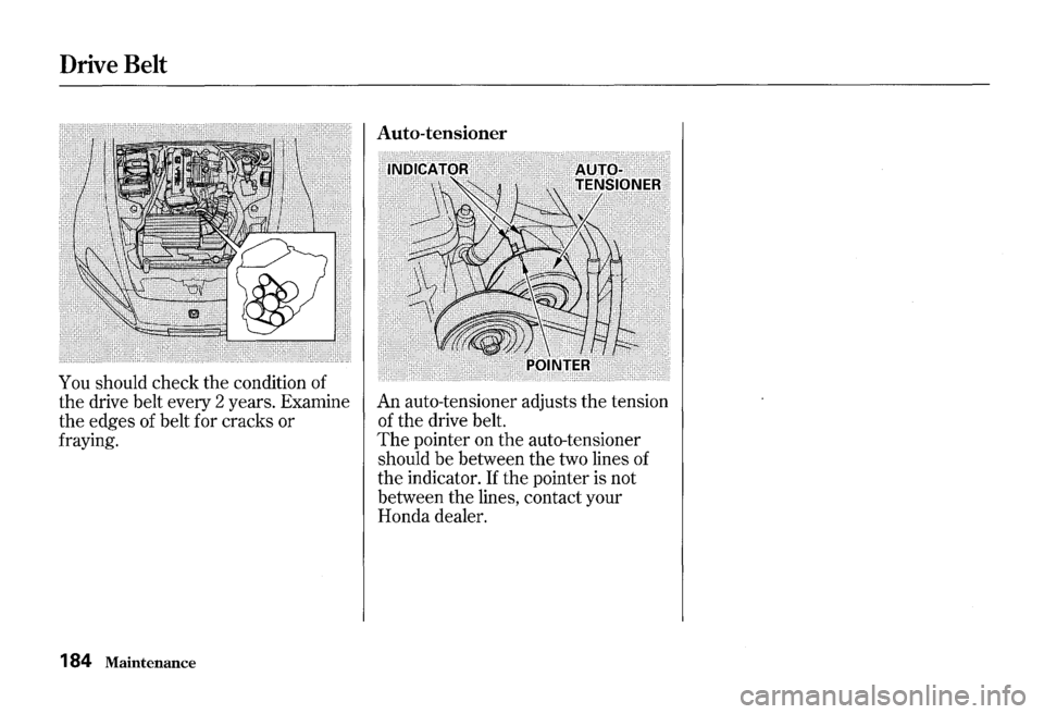 HONDA S2000 2000 1.G Owners Manual Drive Belt
You should check the condition of
the drive belt every 2 years. Examine
the edges of belt for cracks or
fraying.
184
Maintenance
An auto-tensioner adjusts the tension
of HONDA S2000 2000 1.G Owners Manual Drive Belt
You should check the condition of
the drive belt every 2 years. Examine
the edges of belt for cracks or
fraying.
184
Maintenance
An auto-tensioner adjusts the tension
of