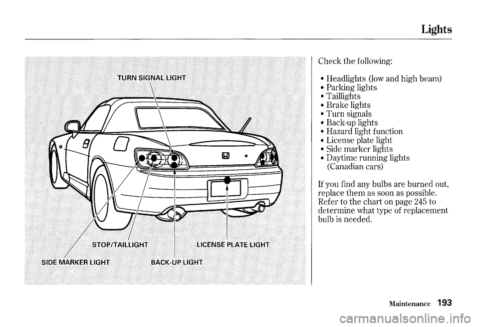 HONDA S2000 2000 1.G Owners Manual Lights
Check the following:
• Headlights (low and high beam)
• Parking lights
• Taillights
• Brake lights
• Turn signals
• Back-up lights
• Hazard light function
• License HONDA S2000 2000 1.G Owners Manual Lights
Check the following:
• Headlights (low and high beam)
• Parking lights
• Taillights
• Brake lights
• Turn signals
• Back-up lights
• Hazard light function
• License