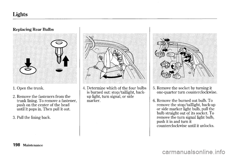 HONDA S2000 2000 1.G Owners Manual Lights 
Replacing Rear Bulbs 
1. Open the trunk. 
2. Remove the fasteners  from the 
trunk lining. To remove a fastener, 
push  on 
the center of the head 
until it pops  in. Then pull it out. 
3. Pul